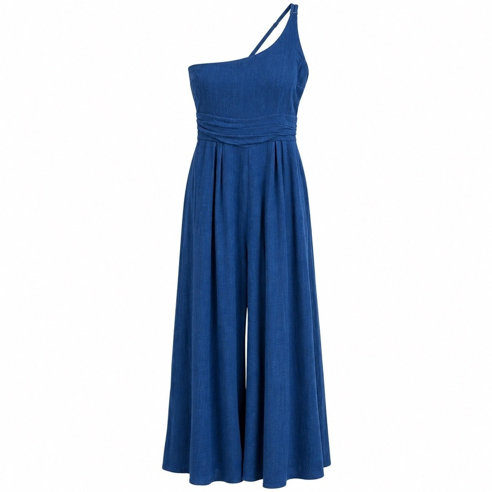 Anrabess Womens Jumpsuit L Linen Blend Blue One Shoulder Wide Leg Coastal